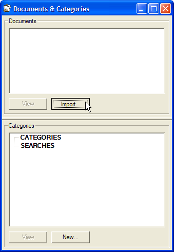 Importing a new document from the Documents and Categories window